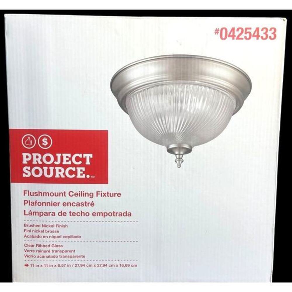 Project Source Flushmount Ceiling‎ Fixture Brush Nickel Clear Ribbed Glass NIB
